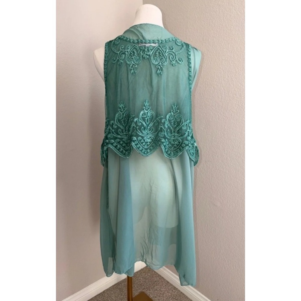 Pretty Angel Embroidered Sheer Vest Women Small Teal Green Boho Layering - Picture 3 of 4